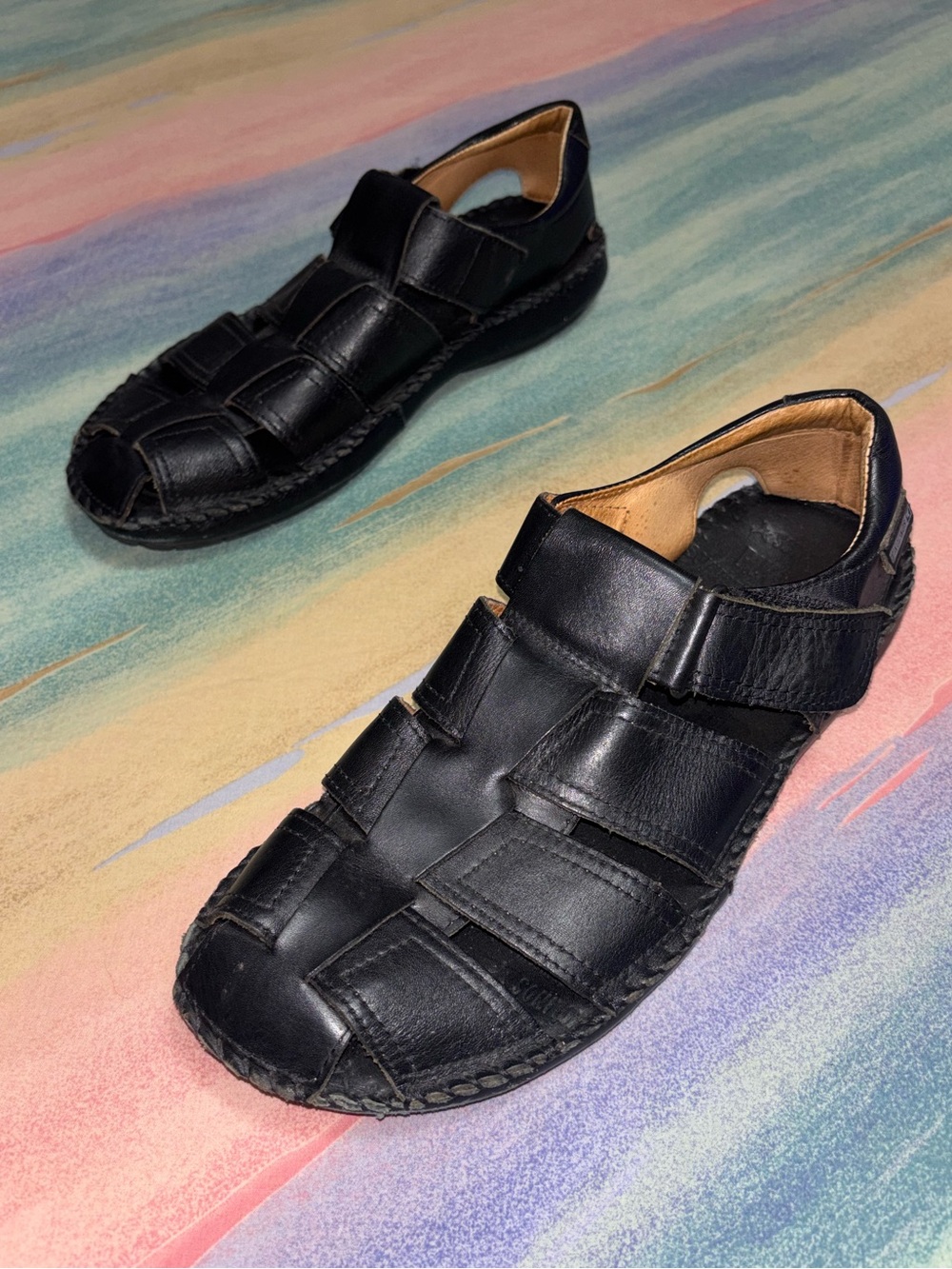 Pikolinos Tarifa Fisherman Sandals Mens size 42 Black Soft Leather Comfort‎